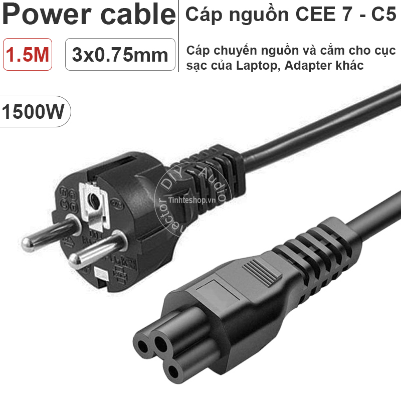 3 prong laptop power cord chuko CEE7 to C5 1.5 mét