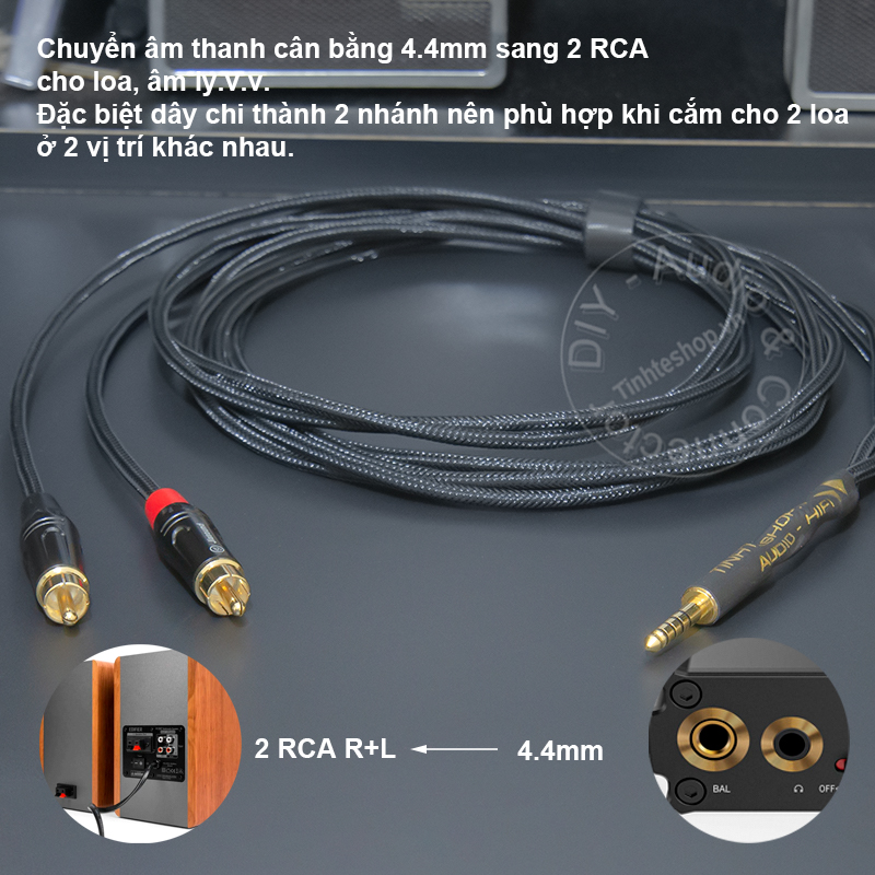 4.4mm to 2 RCA balanced audio cable suitable for monitor speakers in 2 different positions