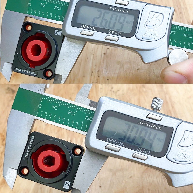 Speakon audio jacks for speakers, designed for fixed mounting on speaker enclosures or cabinets - recessed into walls.