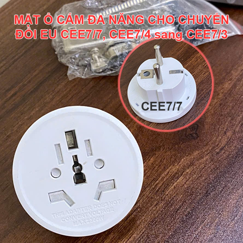 Converts universal power outlets from various continents to EU CEE7/4 CEE7/7.