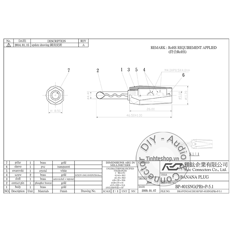 Rắc loa bắp chuối răng cưa đồng mạ vàng 24K AEC - Connector