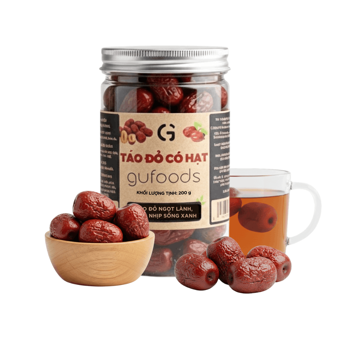Táo đỏ nguyên hạt GUfoods - Dẻo ngọt tự nhiên, Giàu chất xơ, Hỗ trợ thư giãn tinh thần, Cải thiện giấc ngủ, Healthy, Eat clean (hũ 200g)