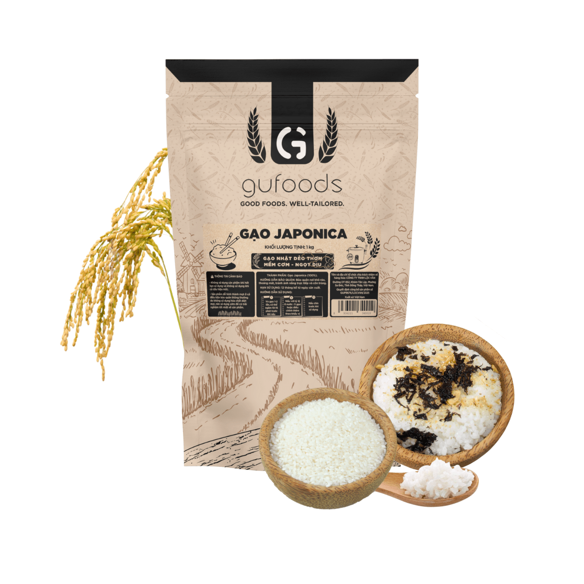 Gạo hữu cơ Japonica GUfoods (túi 1kg) - Ăn dặm cho bé, Làm sushi / cơm cuộn, Dẻo ngọt ngon cơm, Nguyên liệu organic