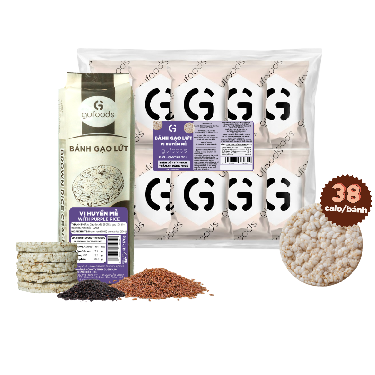 Bánh gạo lứt GUfoods vị Huyền mễ - Không chiên dầu, Không đường, Lành mạnh, Phù hợp Eat clean, Ăn vặt healthy, Thực dưỡng, Tập gym, Thuần chay