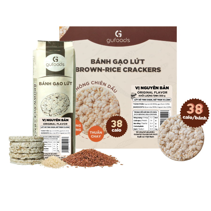 Bánh gạo lứt GUfoods vị Nguyên bản - Không chiên dầu, Không đường, Lành mạnh, Phù hợp Eat clean, Ăn vặt healthy, Thực dưỡng, Tập gym, Thuần chay