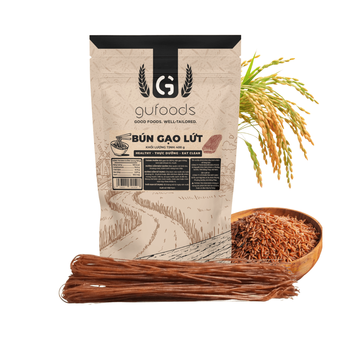 Bún gạo lứt GUfoods - Dai ngon tự nhiên, Healthy, Eat clean, Thực dưỡng, Lành mạnh, Thuần chay (túi zip 400g)