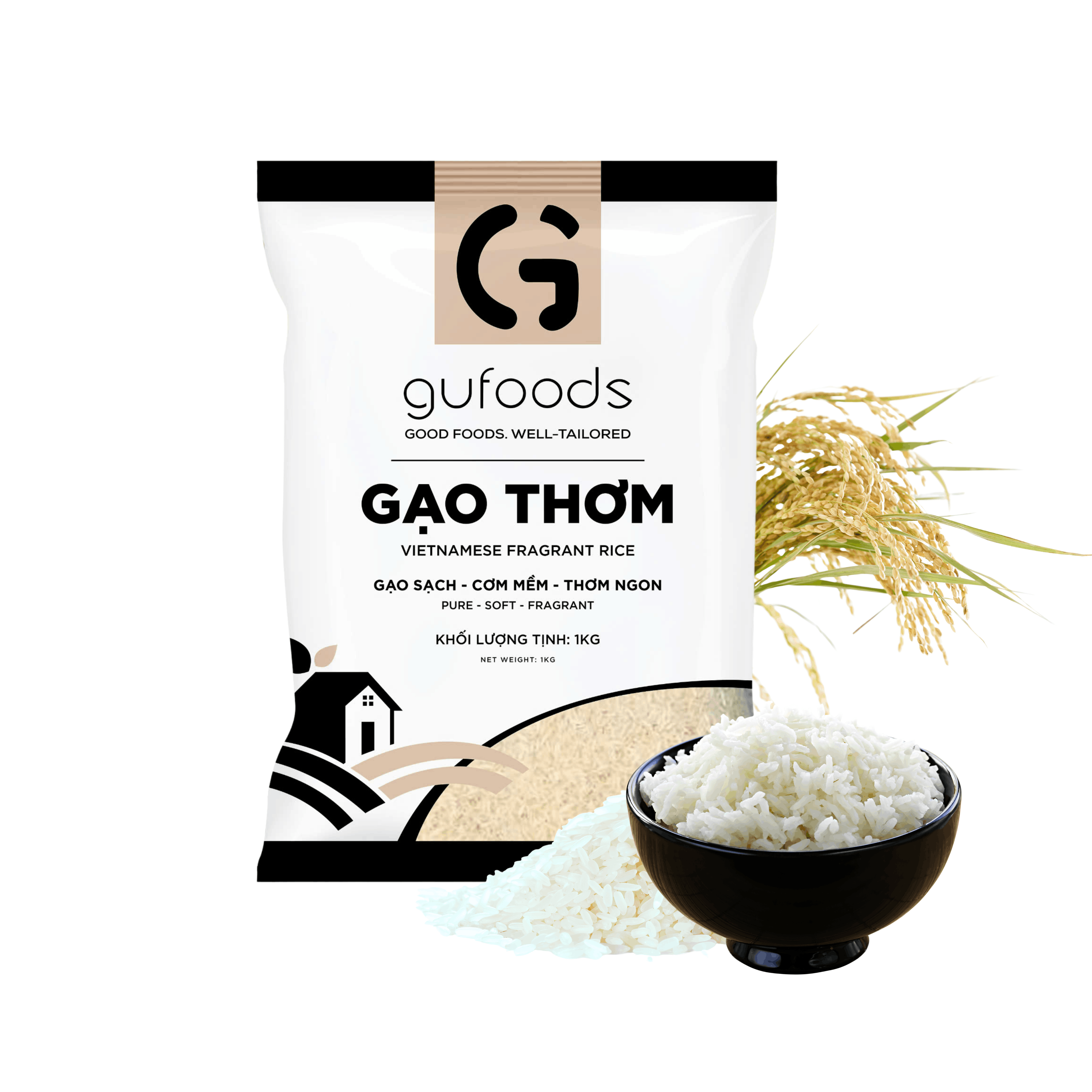 Gạo thơm GUfoods (1kg) - Cơm mềm dẻo, Thơm tự nhiên, Hạt dài, Nguyên liệu vựa lúa Đồng bằng Sông Cửu Long