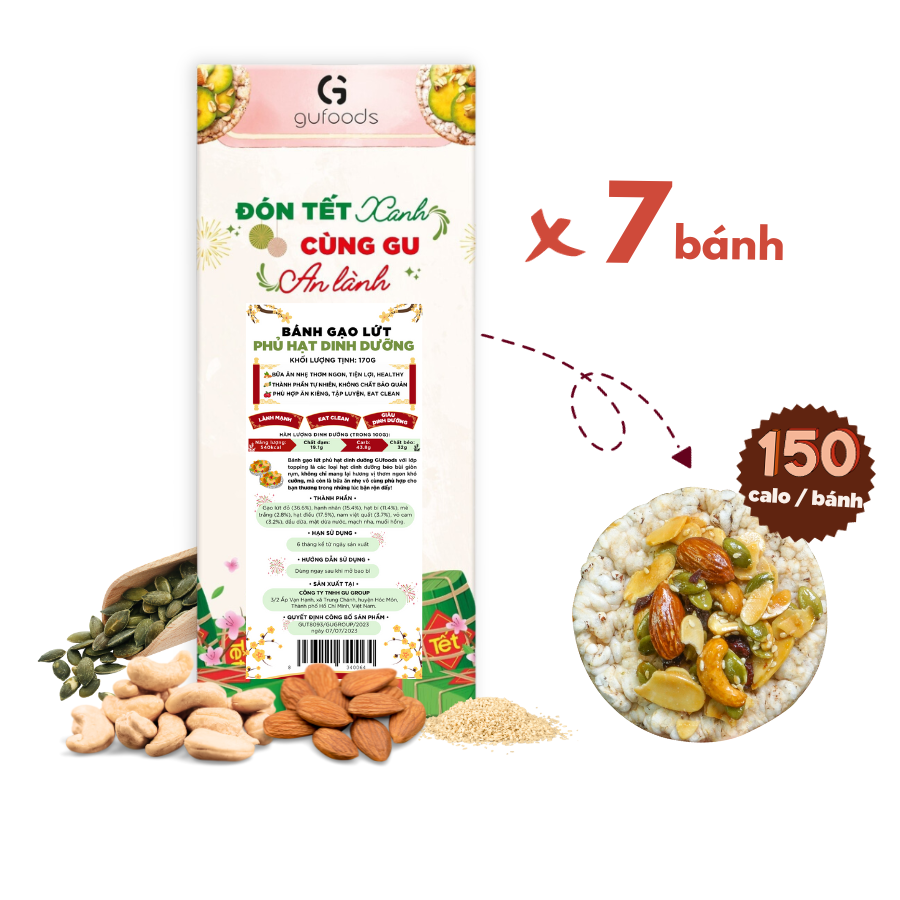 Bánh gạo lứt phủ granola siêu hạt GUfoods - Bữa ăn nhẹ tiện lợi, Giàu dinh dưỡng, Ăn vặt healthy, Nạp nhanh năng lượng, Ăn kiêng, Eat clean, Thuần chay