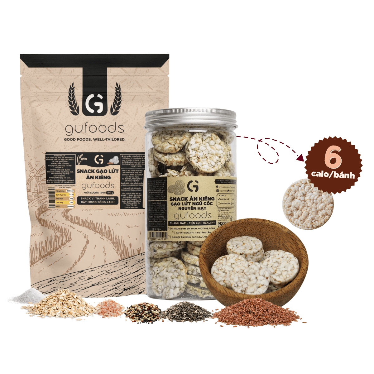 Snack gạo lứt ngũ cốc nguyên hạt GUfoods - Không đường, Không chiên dầu, Thanh đạm, Lành mạnh, Phù hợp Eat clean, Ăn vặt healthy, Tiện lợi, Thuần chay