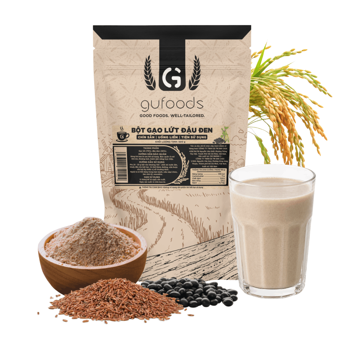 Bột gạo lứt đậu đen GUfoods - Chín sẵn, Uống liền, Dễ tiêu hoá, Healthy, Tiện lợi, Phù hợp Eat clean, Thực dưỡng, Thuần chay (túi zip 500g)
