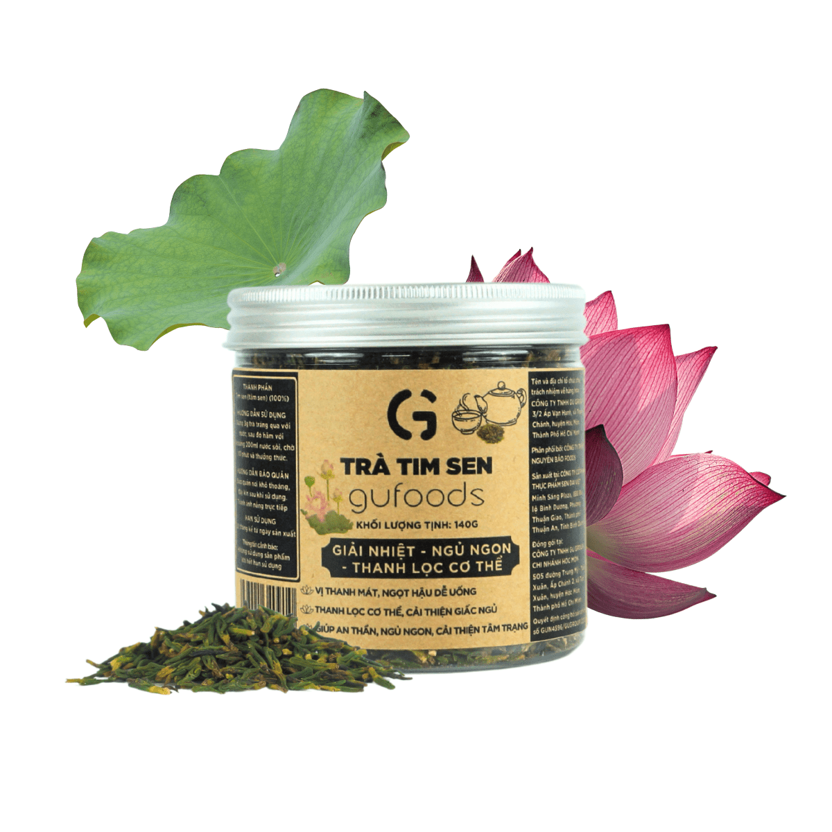 Trà tim sen nguyên chất GUfoods (hũ 140g) - Thư giãn tinh thần, Cải thiện giấc ngủ, Thanh lọc cơ thể, Thanh mát, Giải nhiệt, Tốt cho sức khỏe