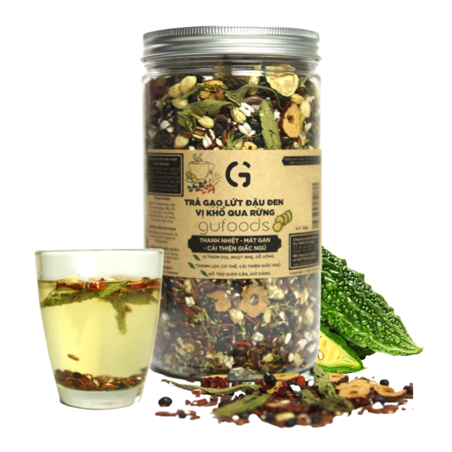 Trà gạo lứt đậu đen GUfoods vị Khổ qua rừng (Mướp đắng rừng) (hũ 500g) - Hương vị độc đáo, Giải nhiệt hiệu quả, Healthy, Eat clean