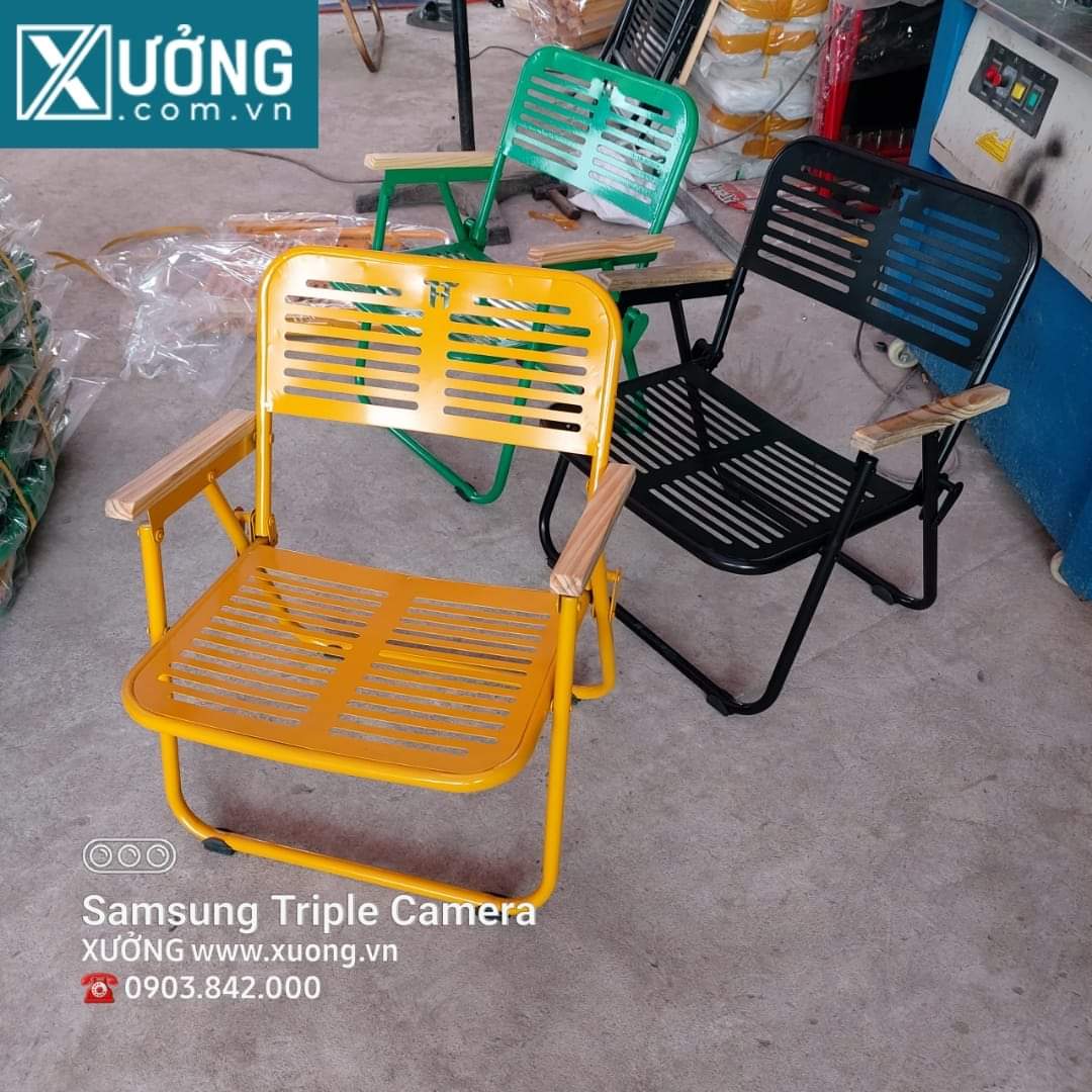 Ghế xếp sắt camping cafe sơn tĩnh điện tay vịn gỗ