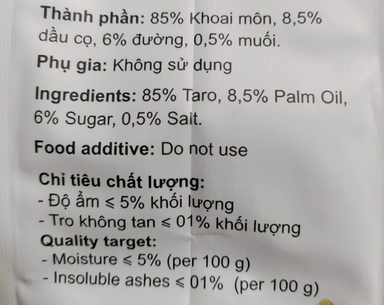 thành phần khoai môn sấy tề hùng