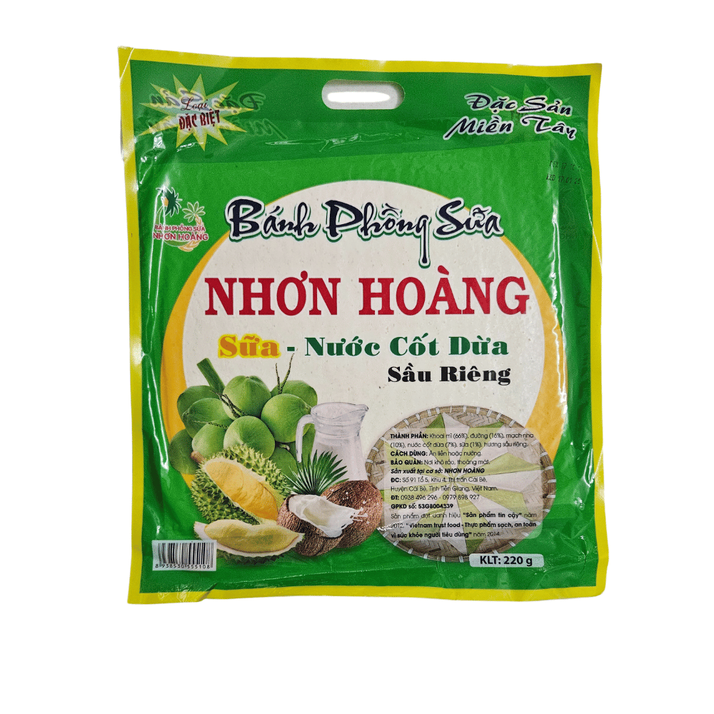 Bánh phồng sữa ăn liền Nhơn Hoàng nước cốt dừa sầu riêng đặc sản Tiền Giang