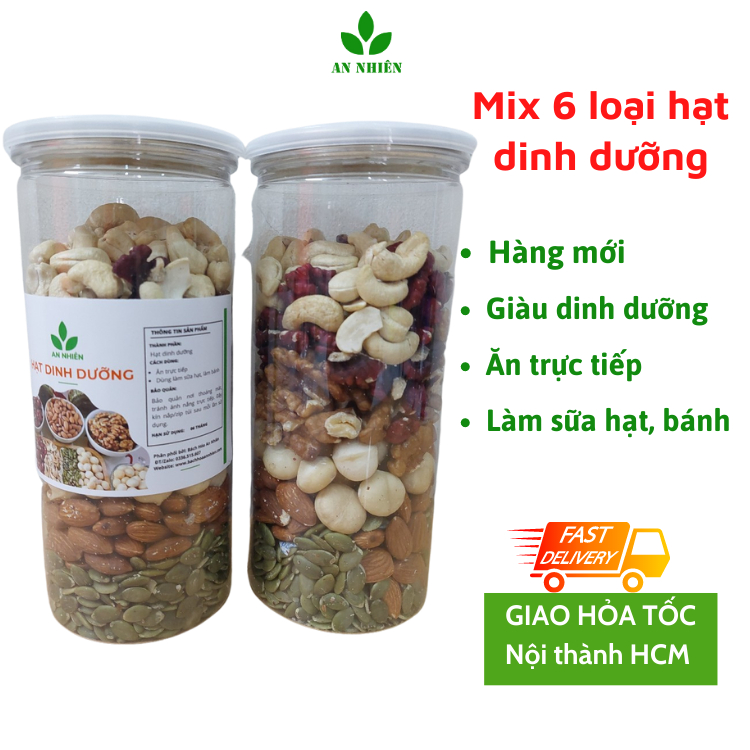 Hạt dinh dưỡng mix 6 loại macca, hạnh nhân, óc chó vàng, óc chó đỏ, bí xanh, hạt điều sấy nguyên vị