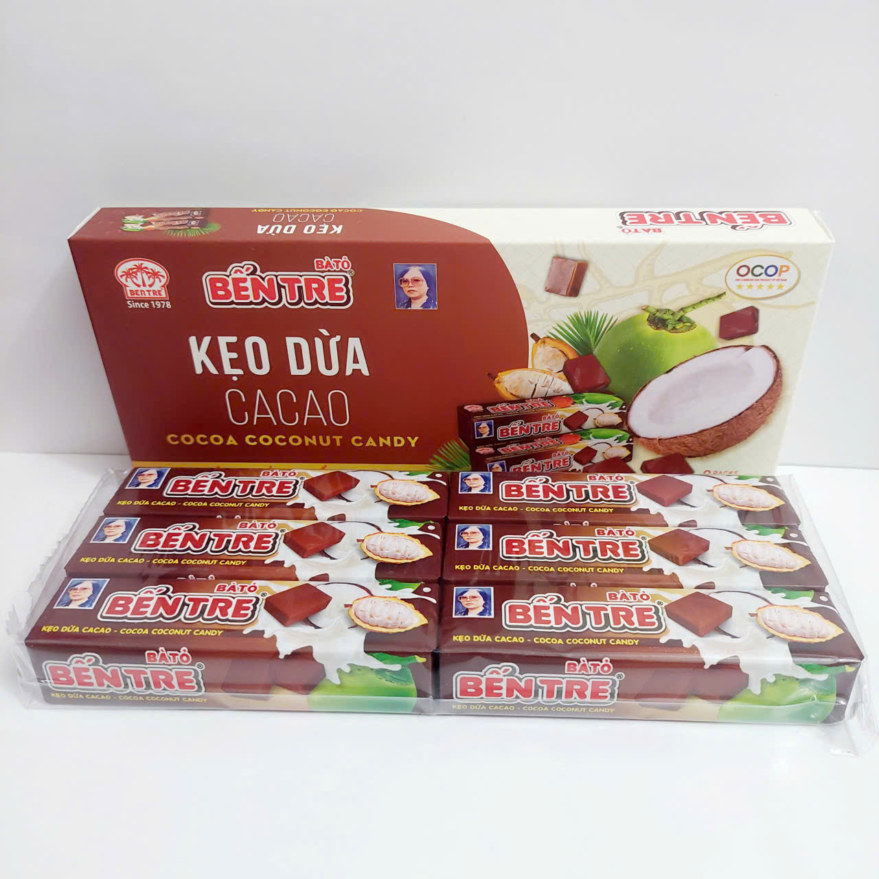 Kẹo dừa đặc sản Bến Tre Hai Tỏ Hộp 6 thanh vị cacao - sản phẩm tại Bách Hóa An Nhiên