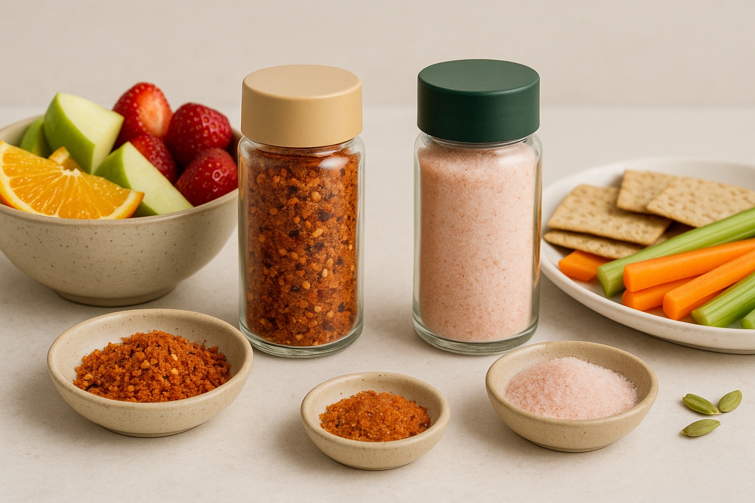 Muối ô mai và gia vị nêm trên bàn ăn kèm trái cây và snack lành mạnh loading=