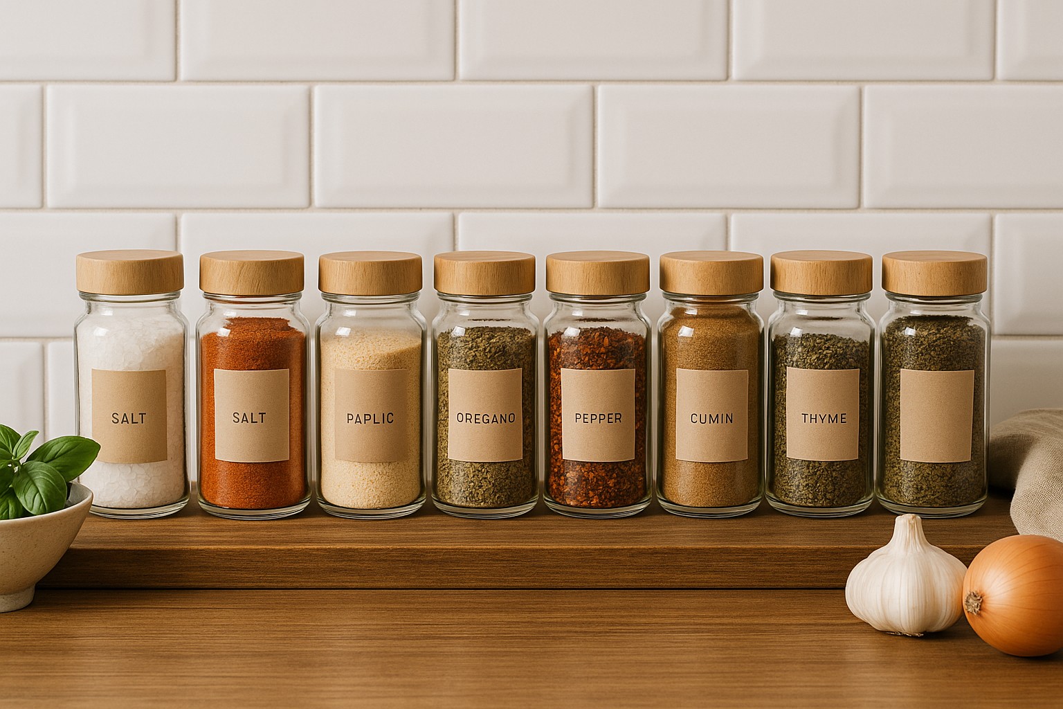 Những hũ gia vị nấu ăn tự nhiên đa dạng xếp ngay ngắn trên kệ bếp loading=