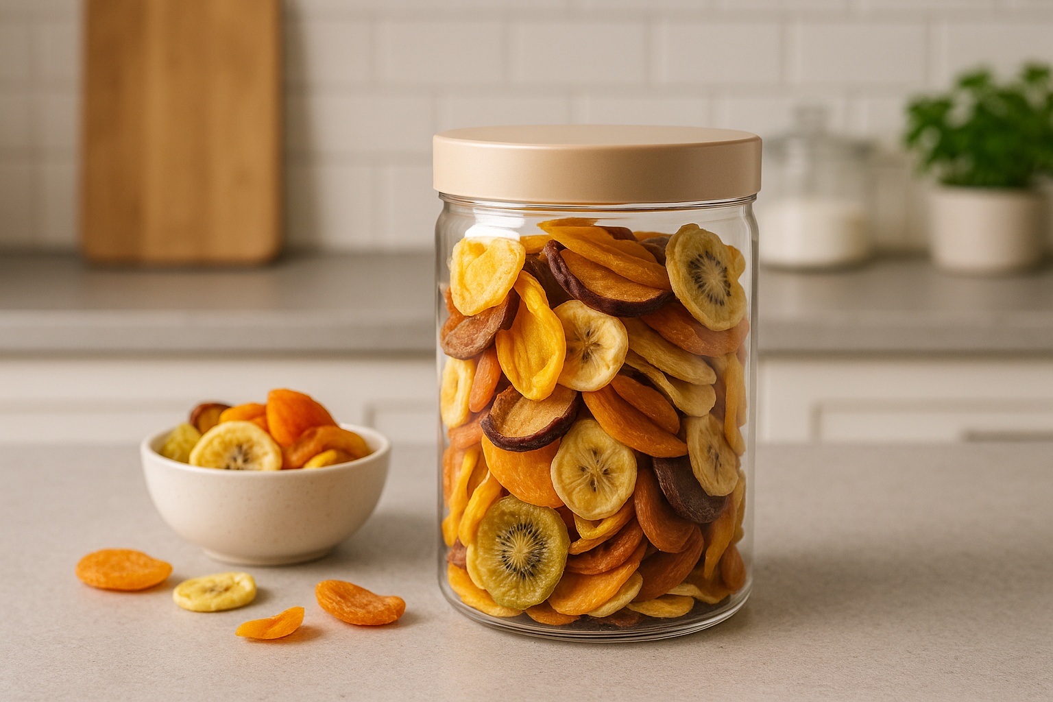 Hộp đựng trái cây sấy được bảo quản cẩn thận trong phòng bếp hiện đại