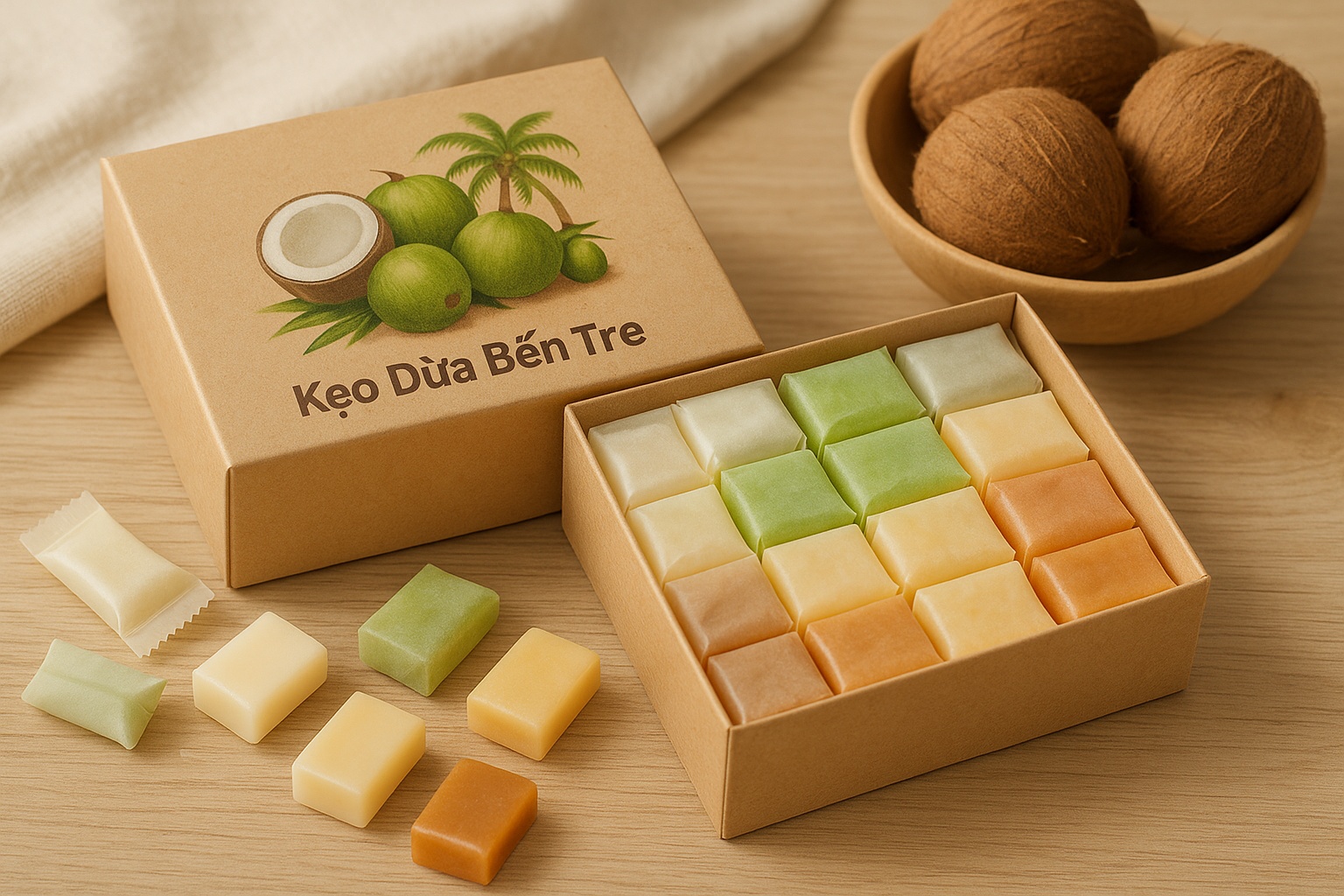 Hộp kẹo dừa Bến Tre đa vị dành làm quà biếu dịp lễ