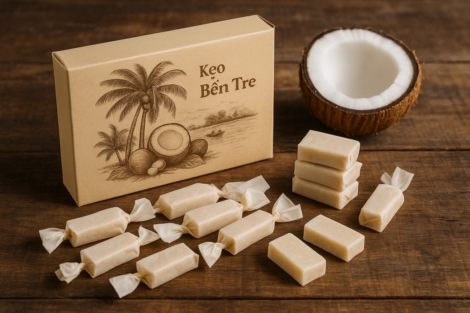 Hộp kẹo dừa Bến Tre truyền thống trên nền gỗ mộc mạc