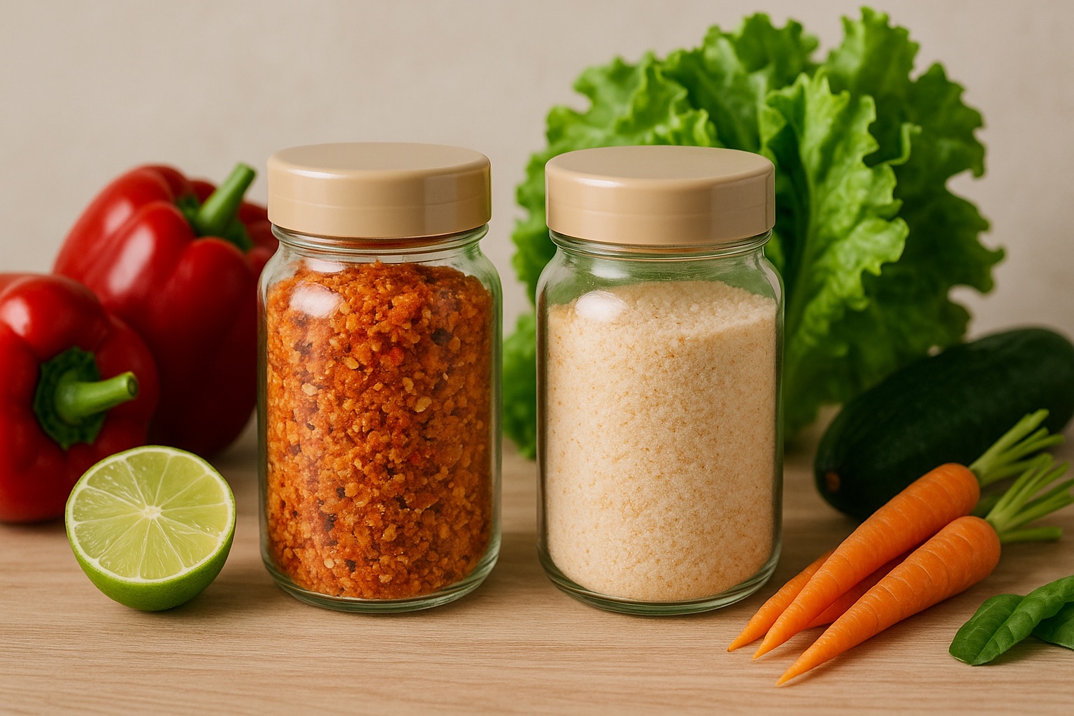 Hũ muối tôm đặc sản và muối sấy bên cạnh các loại rau củ tươi ngon loading=