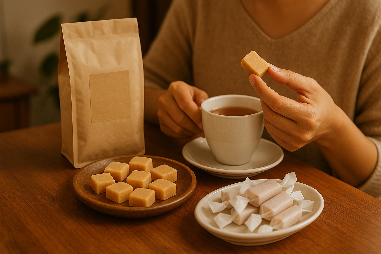 Người thưởng thức kẹo dừa bên tách trà trong không gian ấm cúng