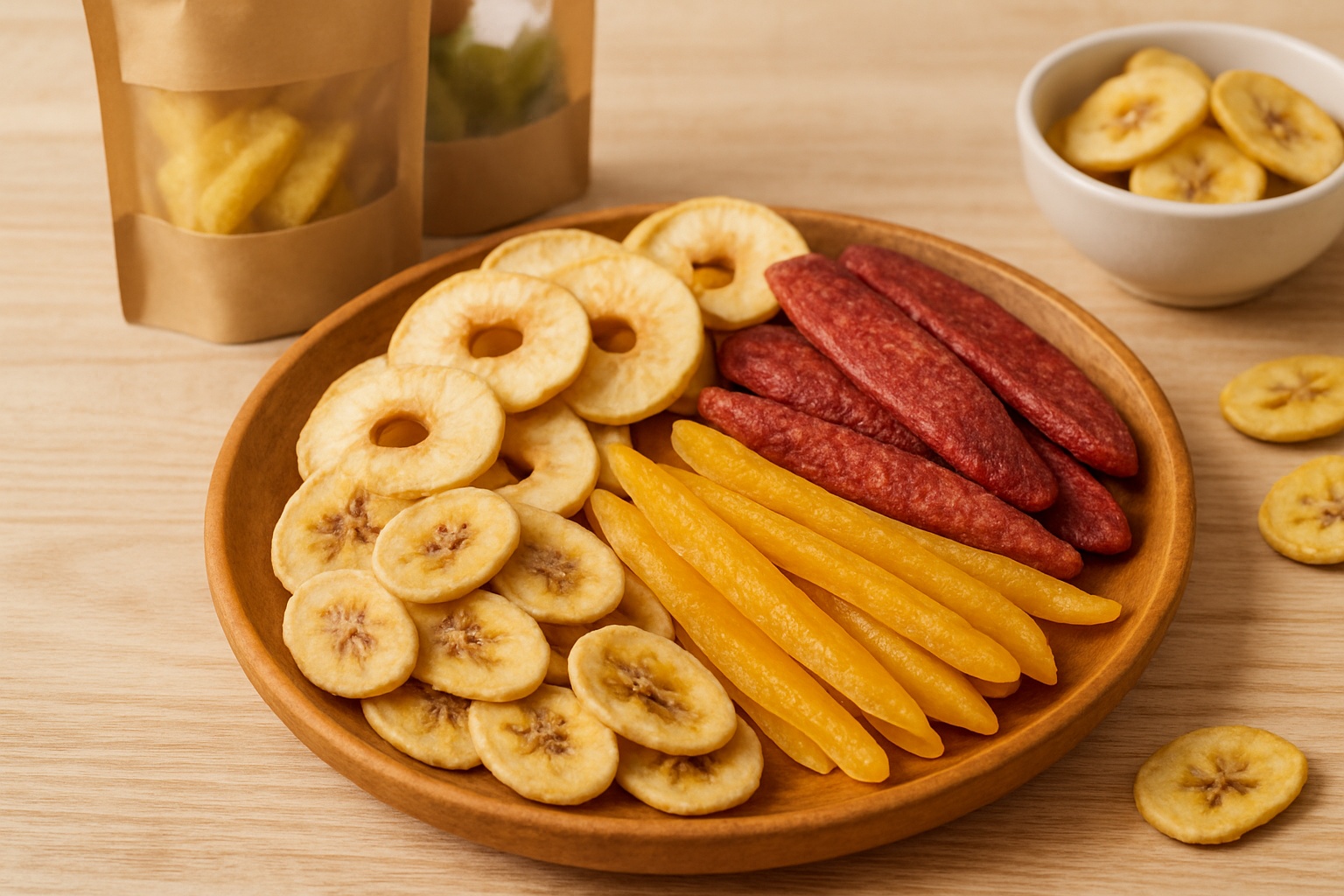 Các loại trái cây sấy đa dạng như chuối sấy, khoai lang sấy được bày trong đĩa gỗ