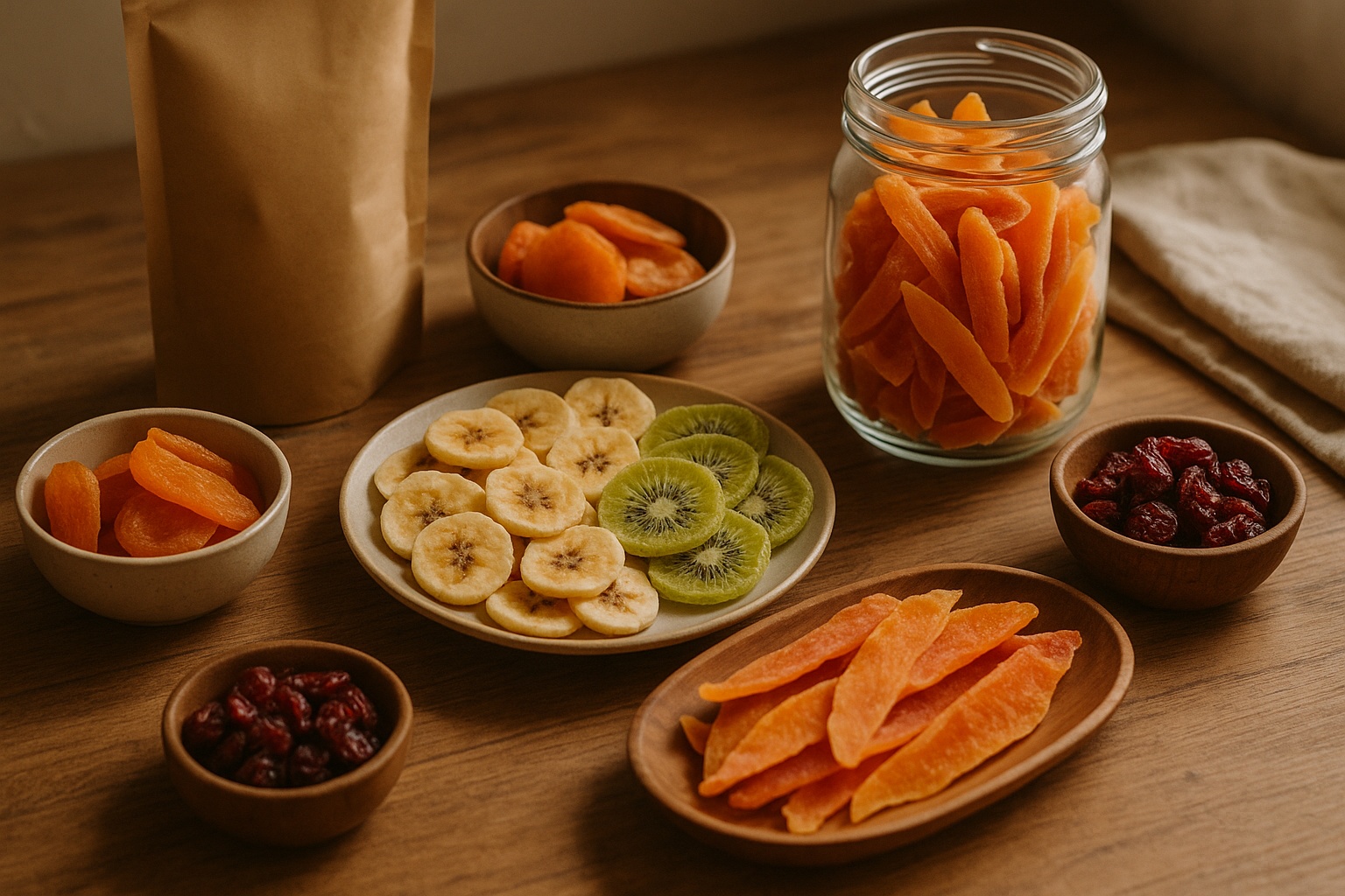 Trái cây sấy đa dạng với màu sắc tự nhiên trên nền gỗ ấm áp
