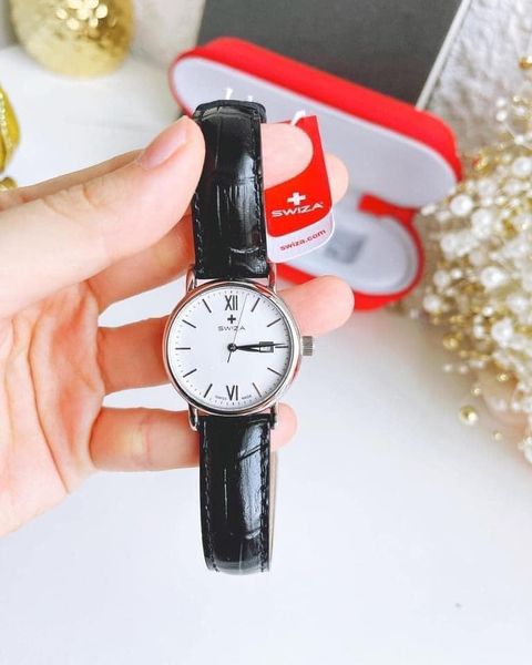 Đồng Hồ Swiza Nữ Dây Da Đen Mặt Trắng Case 31mm