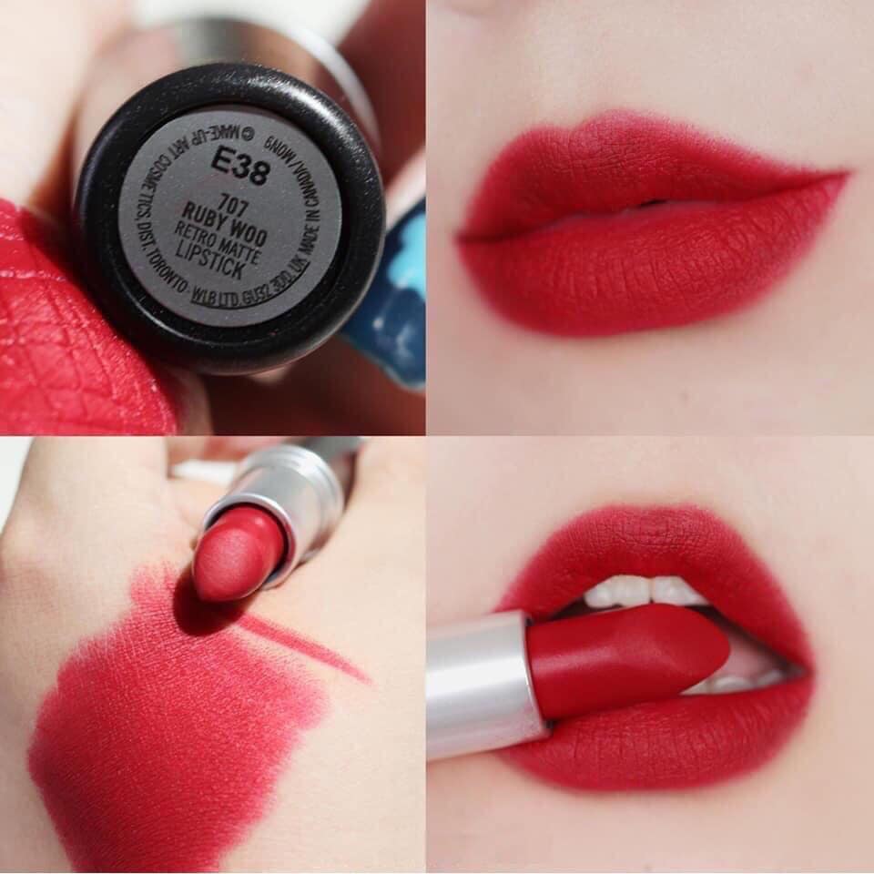 Son Mac Matte 707 Ruby Woo Vỏ Đen Chạm Nắp