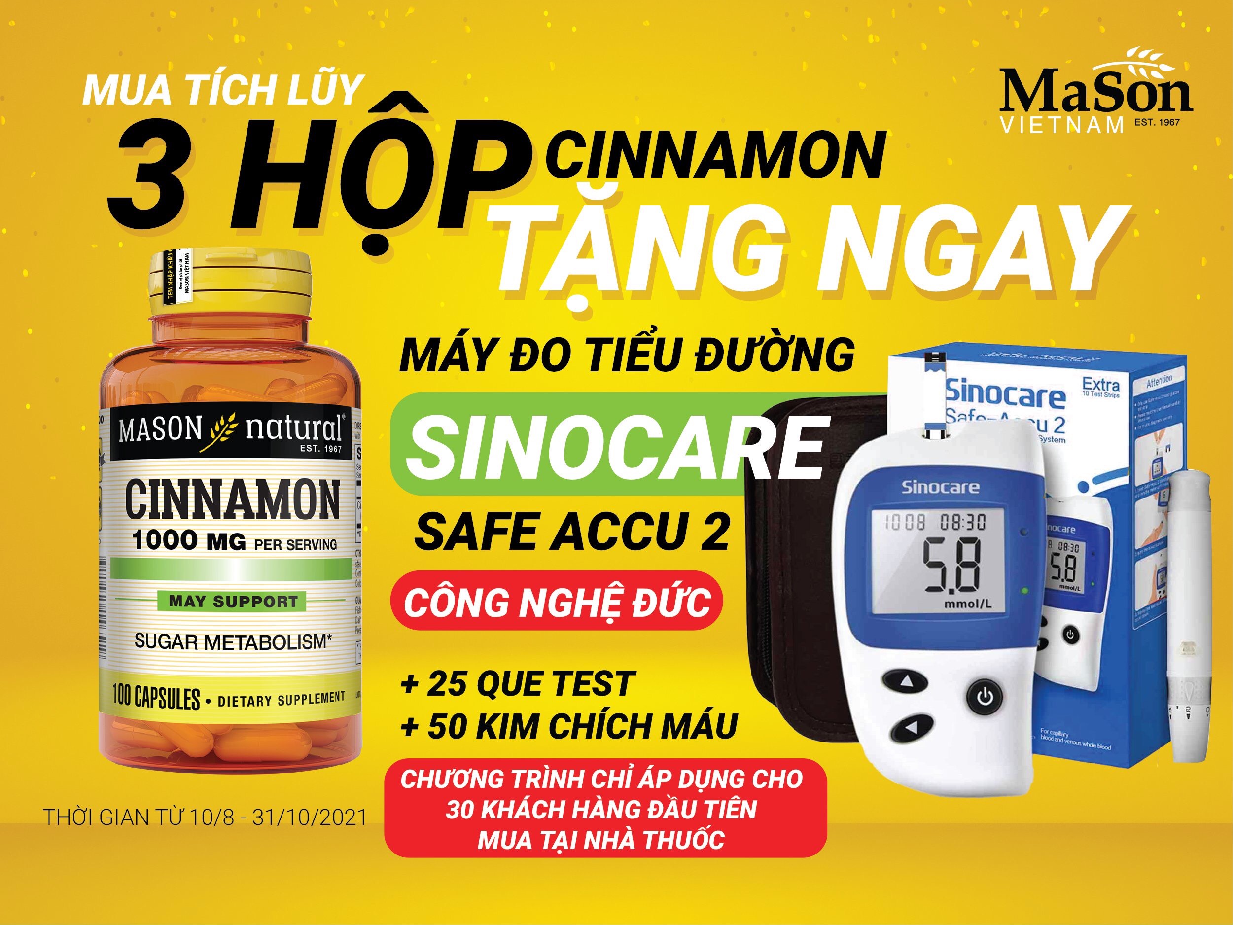 Mason Natural Cinnamon 1000mg - Hỗ trợ chuyển hóa đường