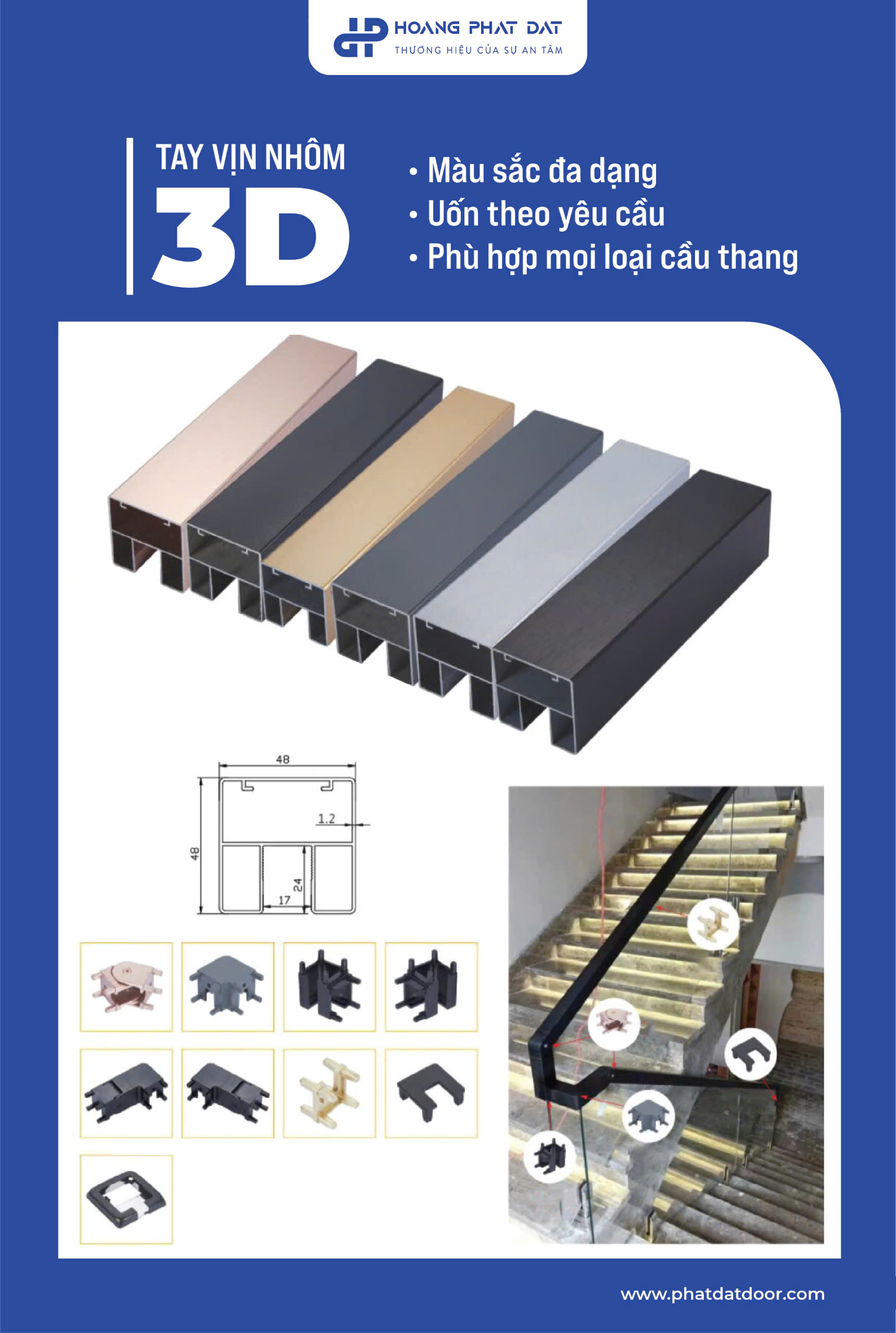 Tay Vịn Lan Can Cầu Thang Nhôm 3D Hộp 30x30