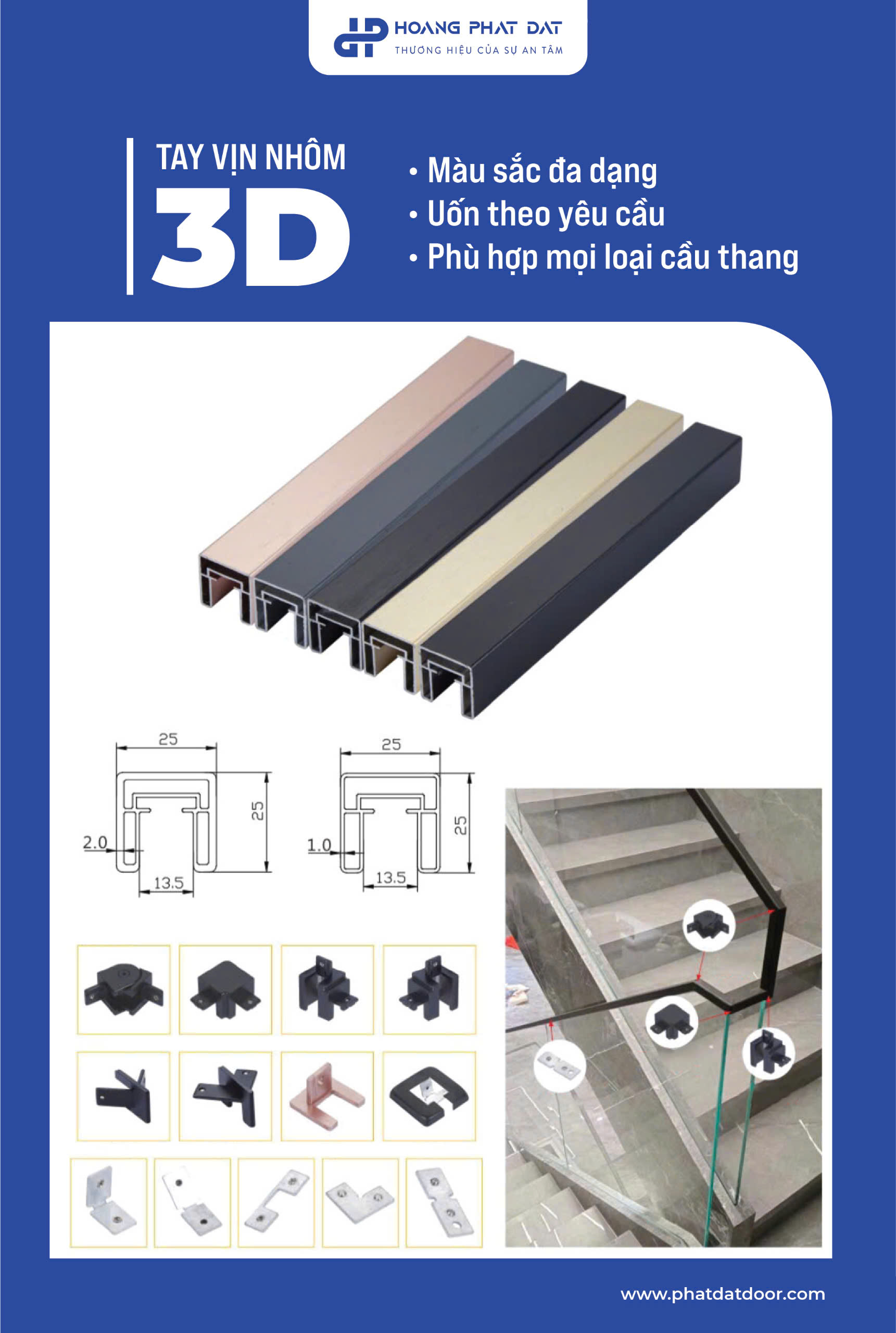 Tay Vịn Lan Can Cầu Thang Nhôm 3D Hộp 48x48
