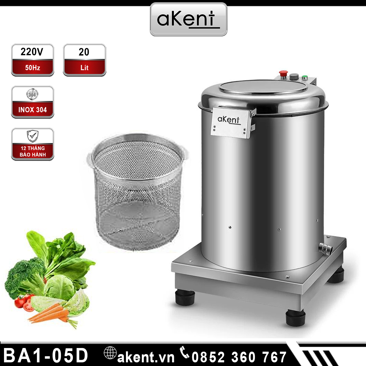 Máy vắt khô rau quả bằng ly tâm 5kg 20 lít  thép không gỉ BA1-05D