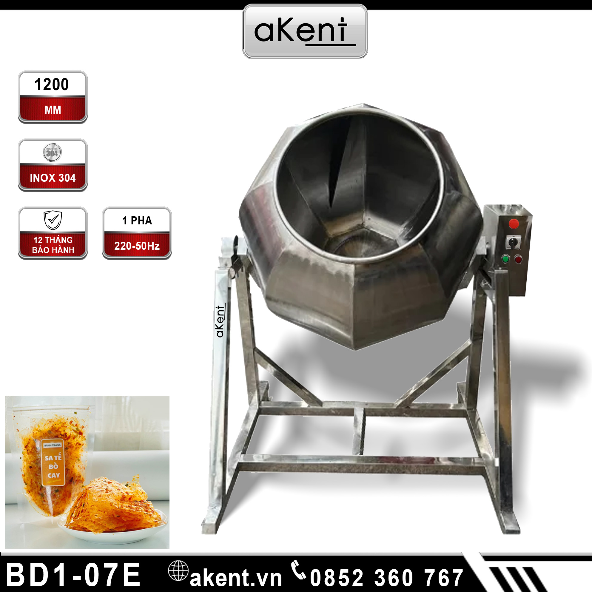 MÁY TRỘN THỰC PHẨM LỒNG QUAY DẠNG KHÍA LOẠI 1200 MM ĐỔ LIỆU BẰNG ĐIỆN BẰNG INOX 304 BD1-07G