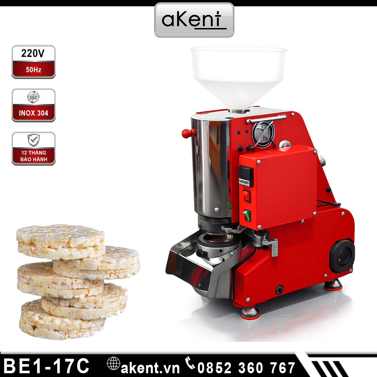 Máy bánh gạo tự động 8cm từ 100% gạo khô nguyên chất từ Việt Nam BE1-17C