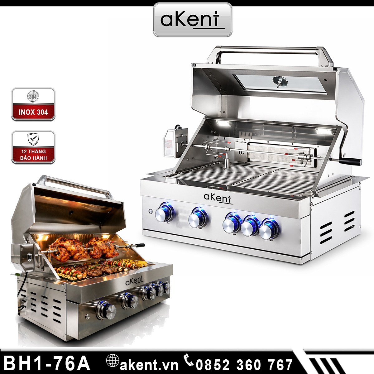 Bếp nướng BBQ bằng gas 4 đầu đốt dùng ngoài trời có trục quay bằng thép không gỉ BH1-76A