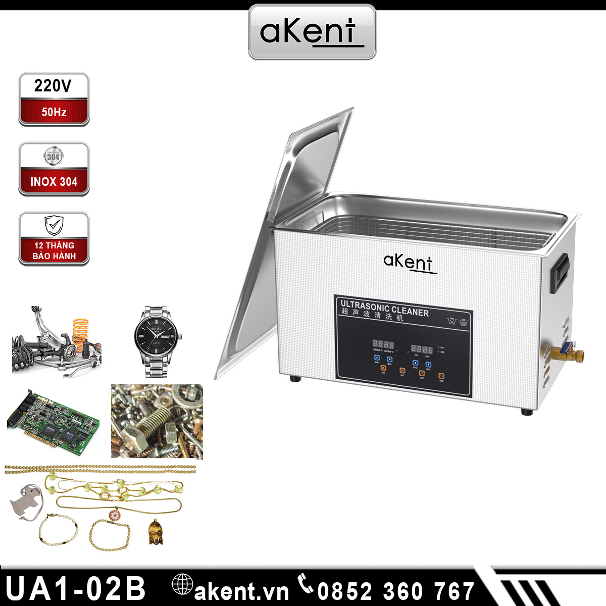 Máy làm sạch siêu âm và nhiệt độ chuyên dụng 1.3 lít cho công nghiệp tẩy dầu mỡ kim loại UA1-02B