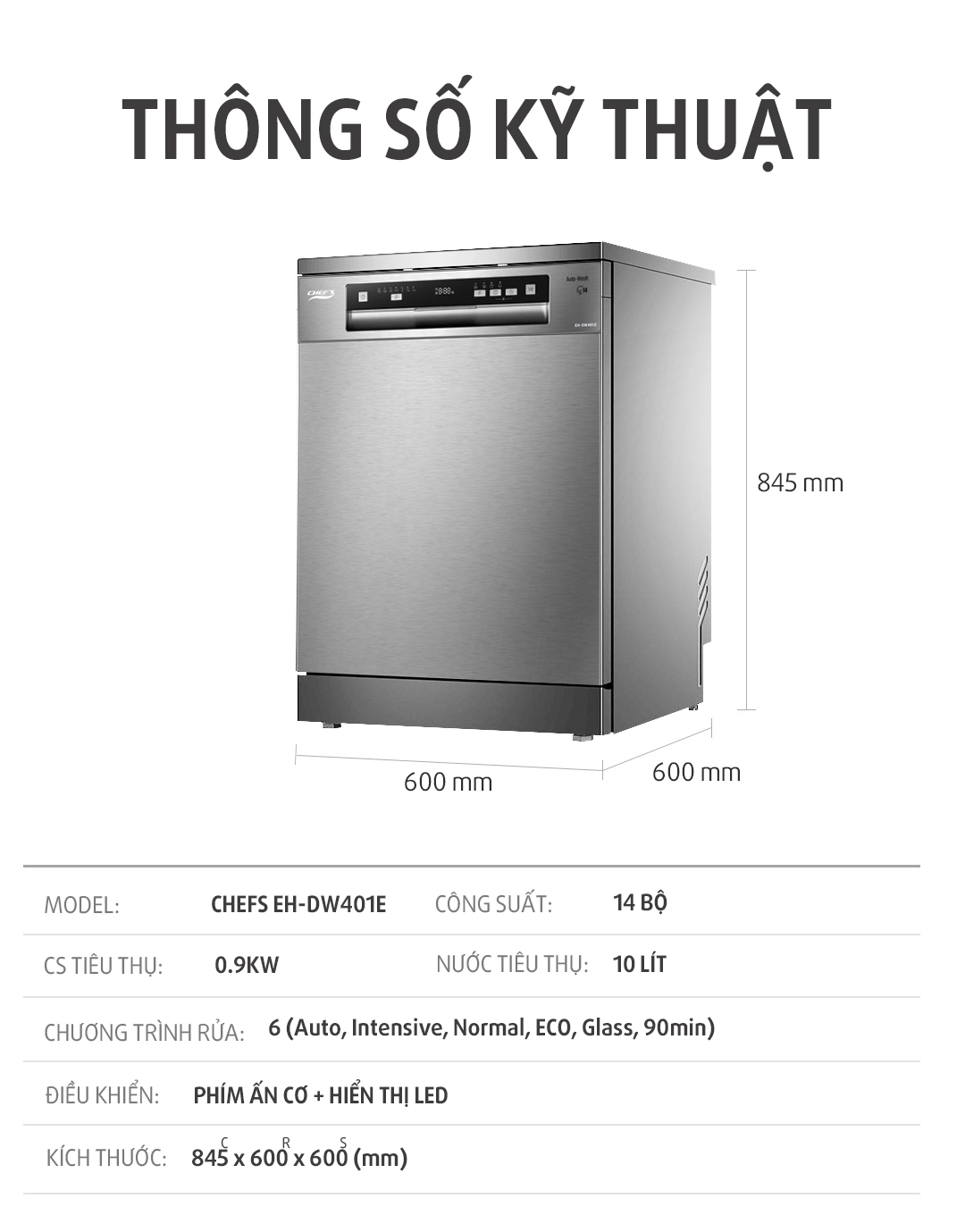 Máy rửa chén bát độc lập Chefs EH-DW401E | Homebest
