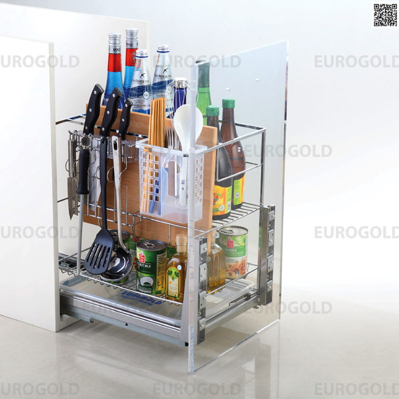 Giá dao thớt inox nan vuông mạ crom, ray giảm chấn Eurogold ERO2040B