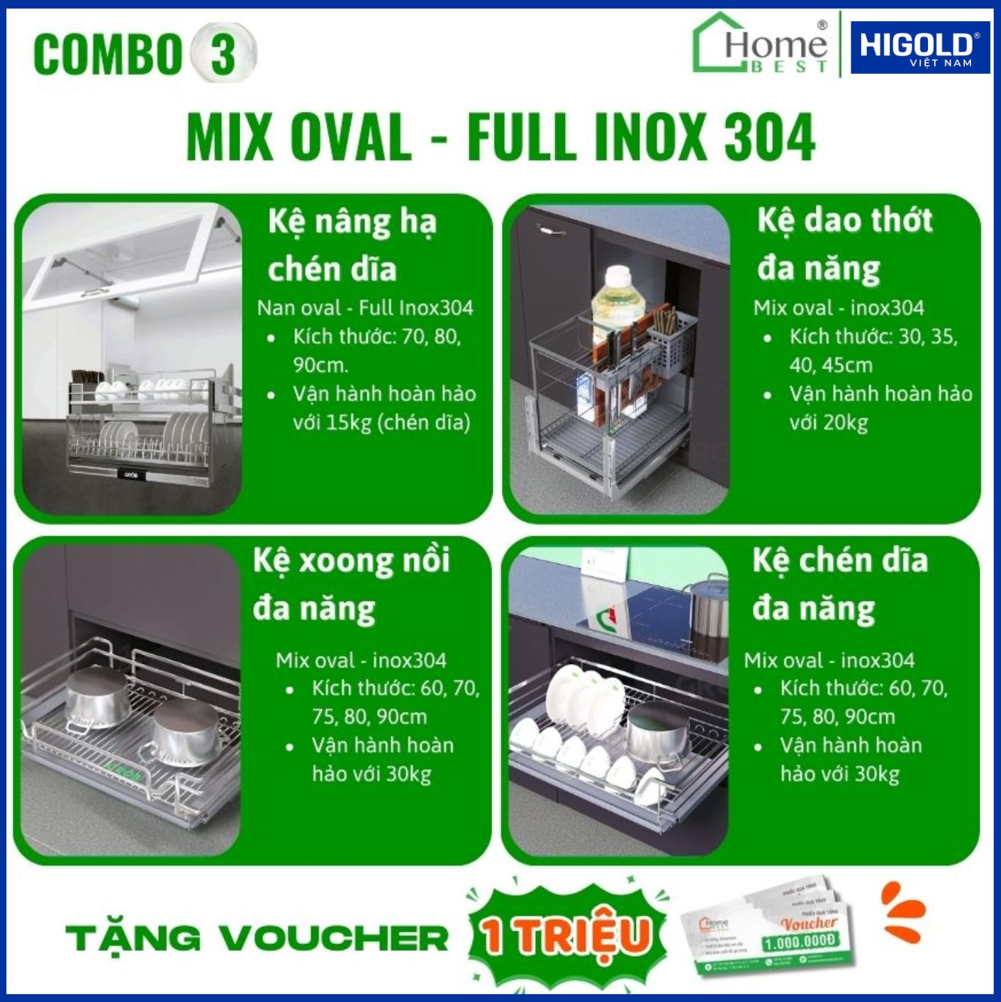 COMBO Phụ kiện tủ bếp cao cấp HIGOLD (4 Món) - Combo 3