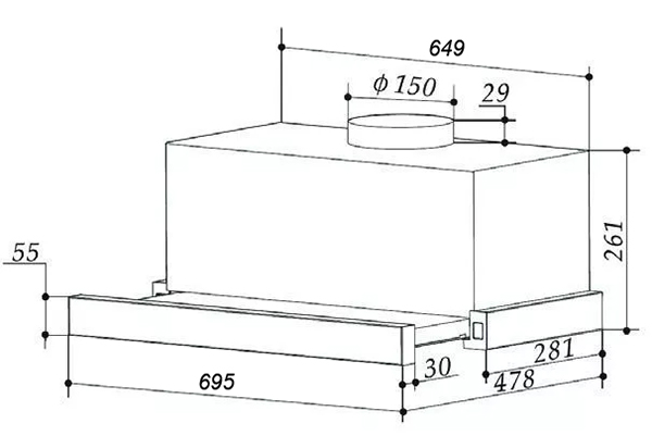 Kích thước Máy hút khói, hút mùi âm tủ Eurogold EUH011 700 mm | Homebest