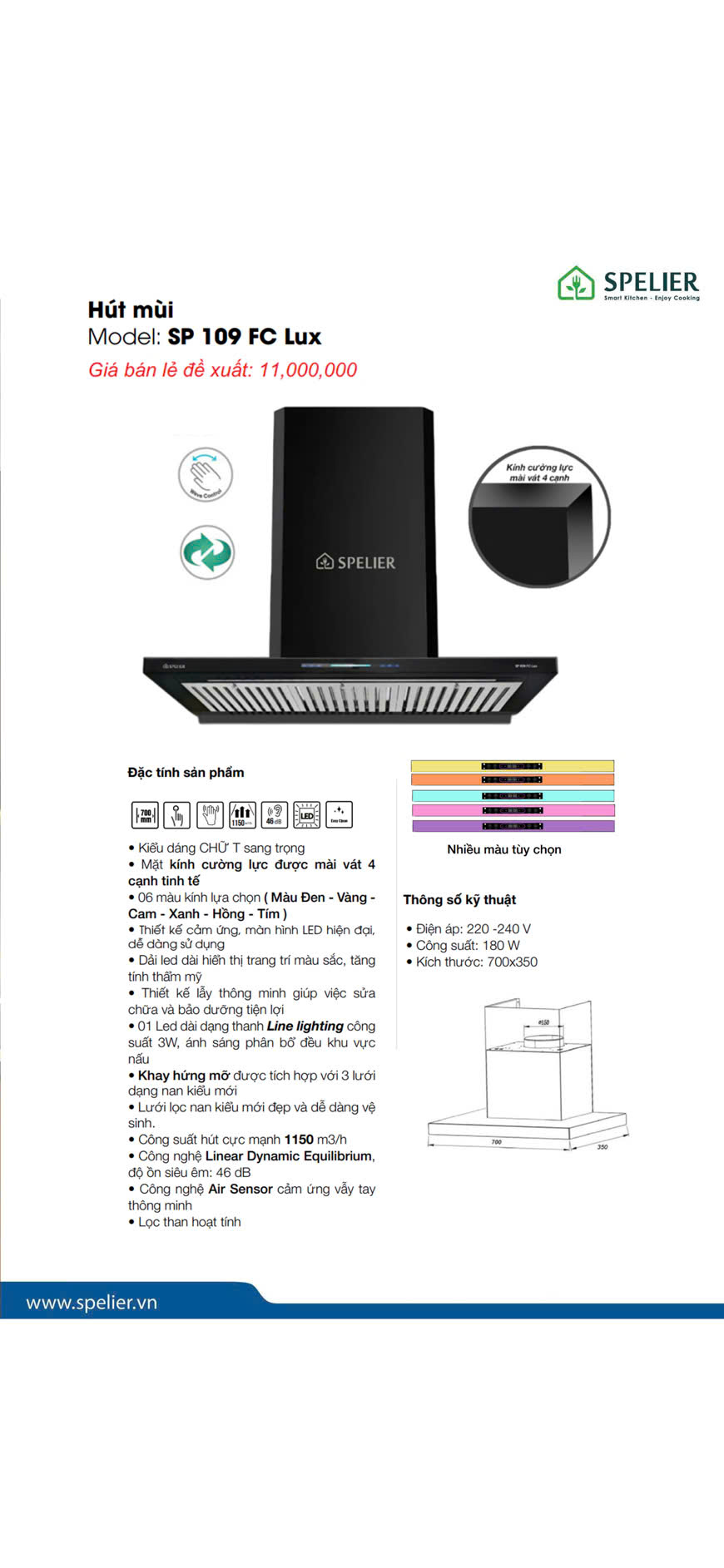 Máy hút khói, hút mùi kính ngang Spelier SP 109 FC LUX ( Điều khiển cảm ứng vẫy tay )