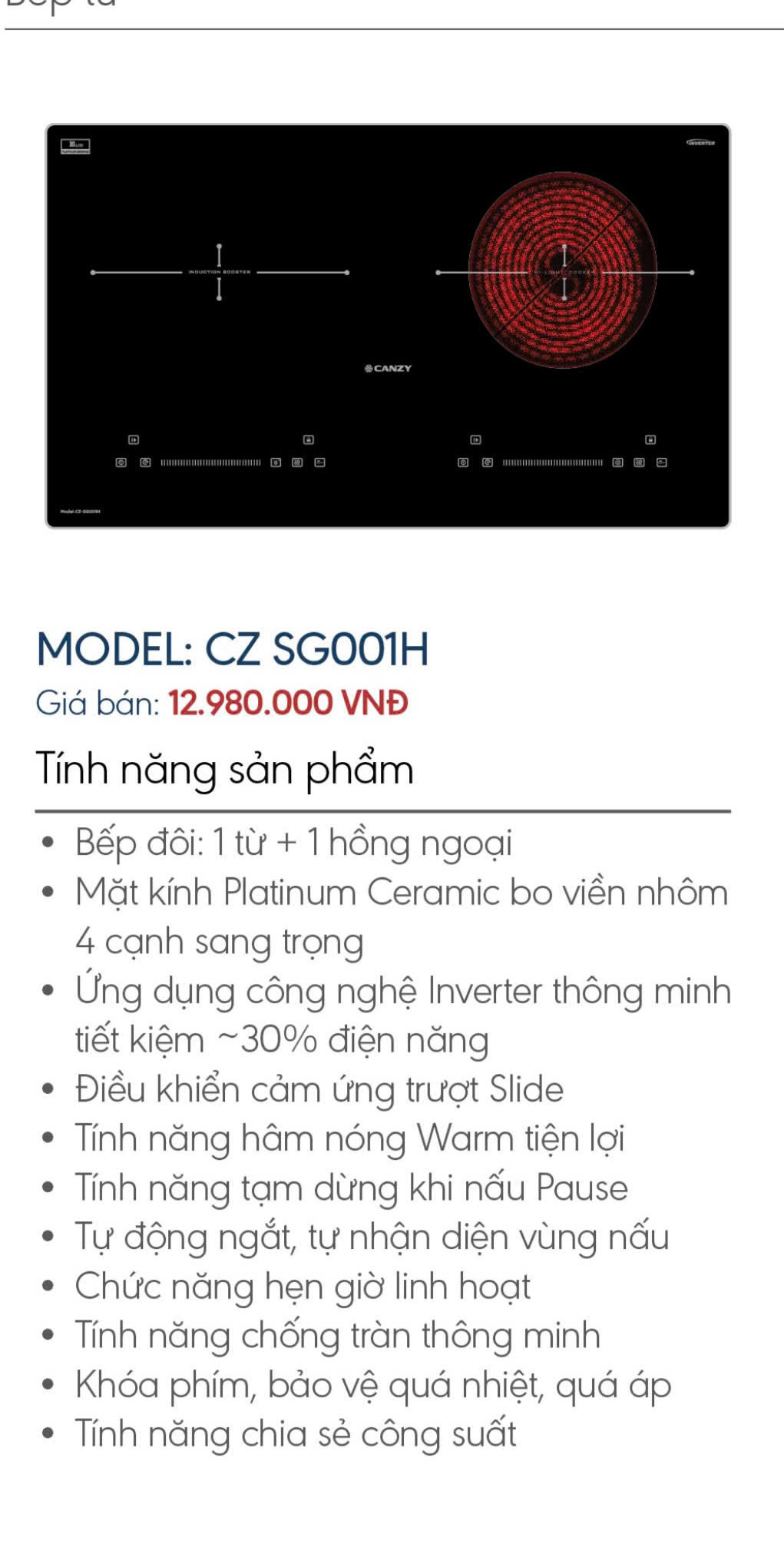 Bếp từ kết hợp hồng ngoại Canzy CZ-SG001H