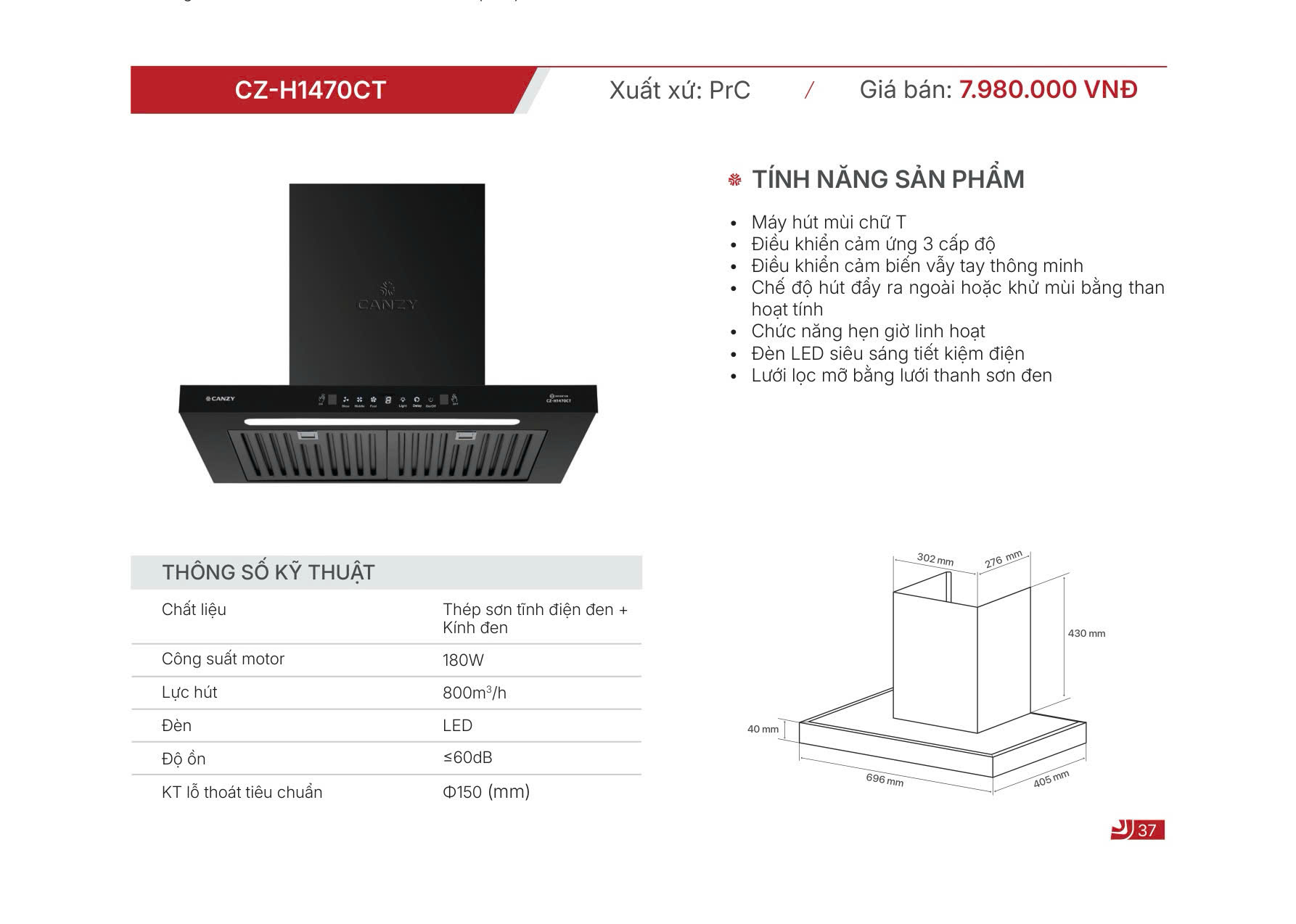 Máy hút khói, hút mùi kính ngang Canzy CZ- H1470CT (điều khiển cảm ứng vẫy tay)