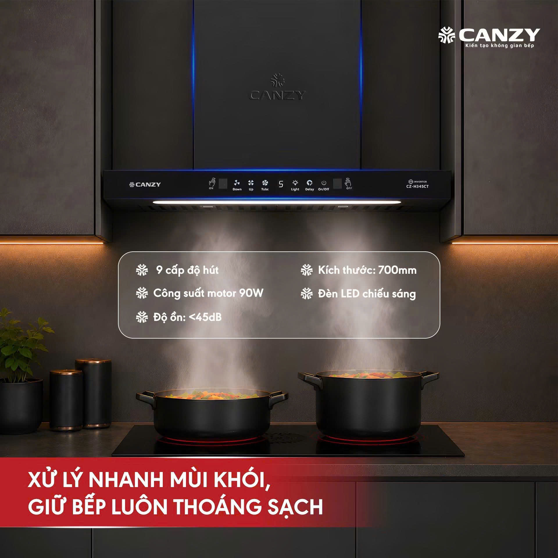 Máy hút khói, hút mùi kính ngang Canzy CZ- H345CT (điều khiển cảm ứng vẫy tay)