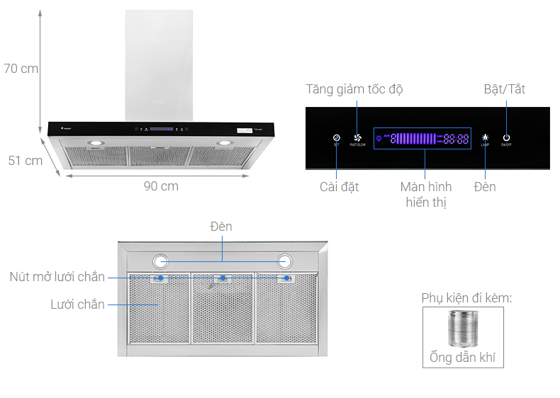 Máy hút khói kính ngang Pramie TT32-900 ( Điều khiển cảm ứng vẫy tay )