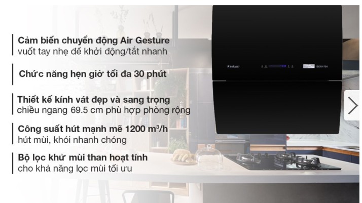Máy hút khói kính vát Pramie DE19-700 ( Điều khiển cảm ứng vẫy tay )